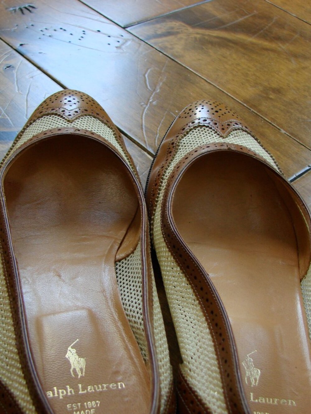 Ralph Lauren Leather Ballet Flat Brown Cream Mesh Flats Loafers Wingtip Size 6.5 - Picture 11 of 15